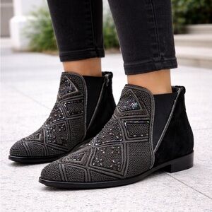 Meher Kakalia Embellished Beaded Black Suede Ankle Boots Size 37